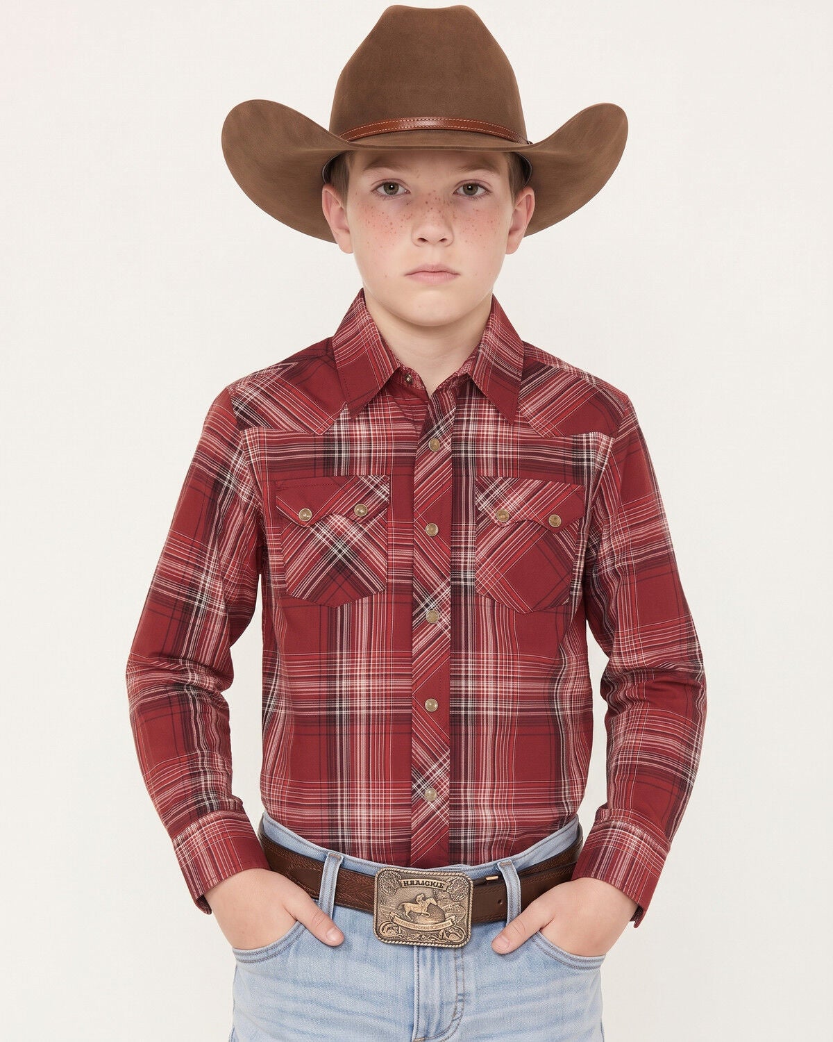 Image #1 - Wrangler Boys' Plaid Print Long Sleeve Snap Western Shirt, Red, hi-res