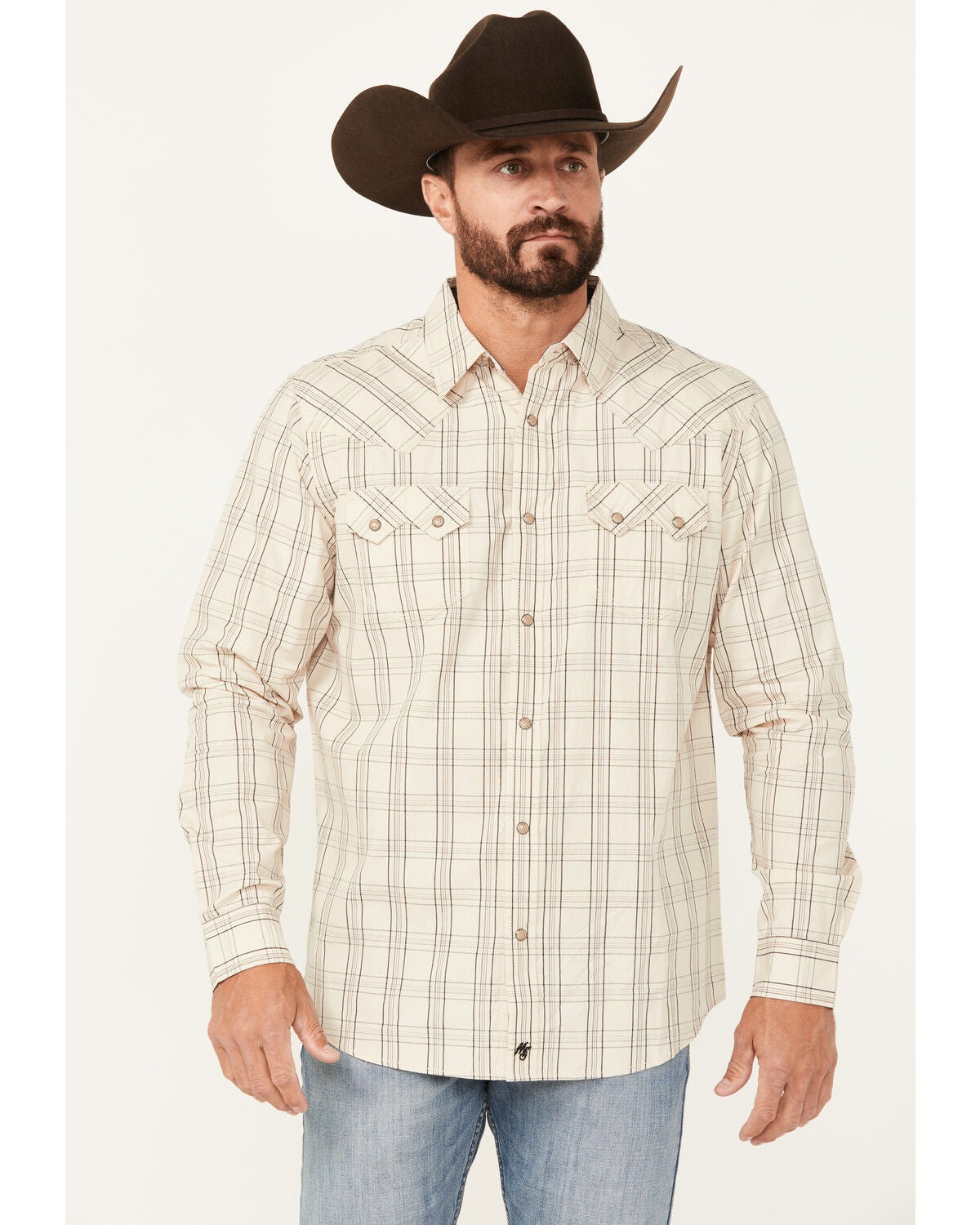 Moonshine Spirit&reg; Men's Rhythm Plaid Print Long Sleeve Snap Western Shirt, Ivory, hi-res