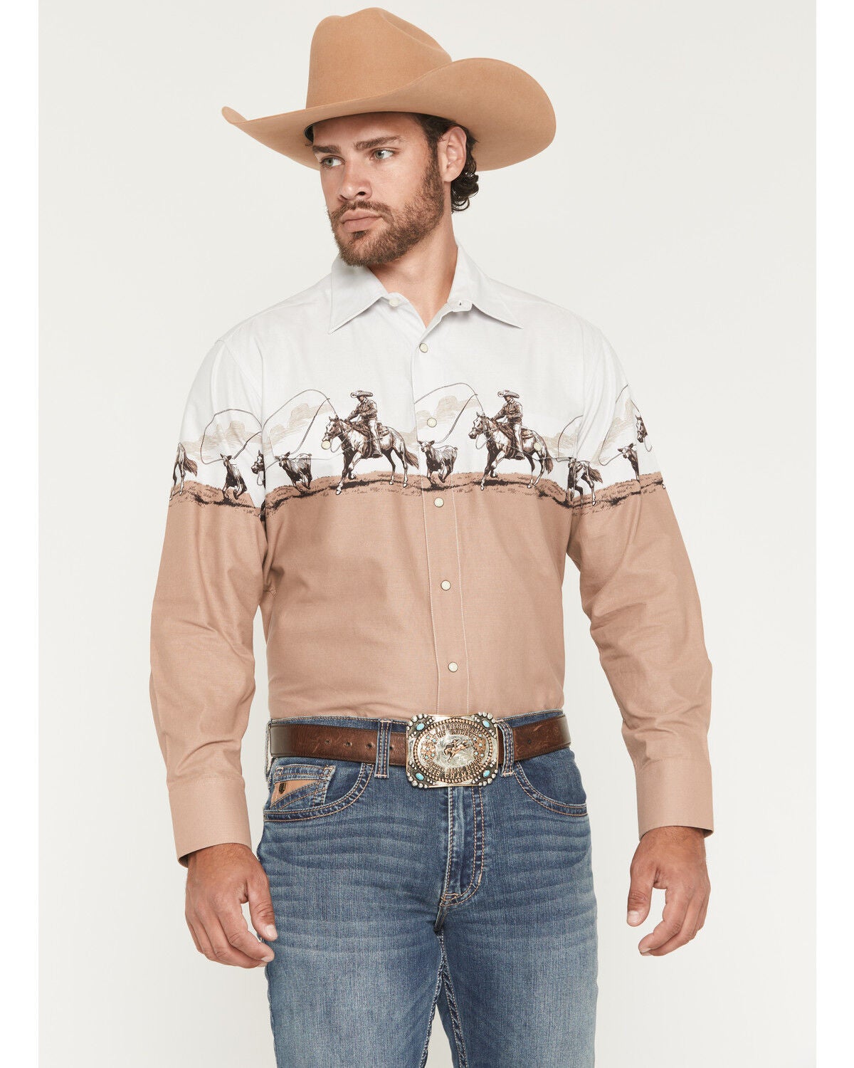 Image #1 - Panhandle Slim Men's Cowboy Border Print Long Sleeve Snap Western Shirt, Tan, hi-res