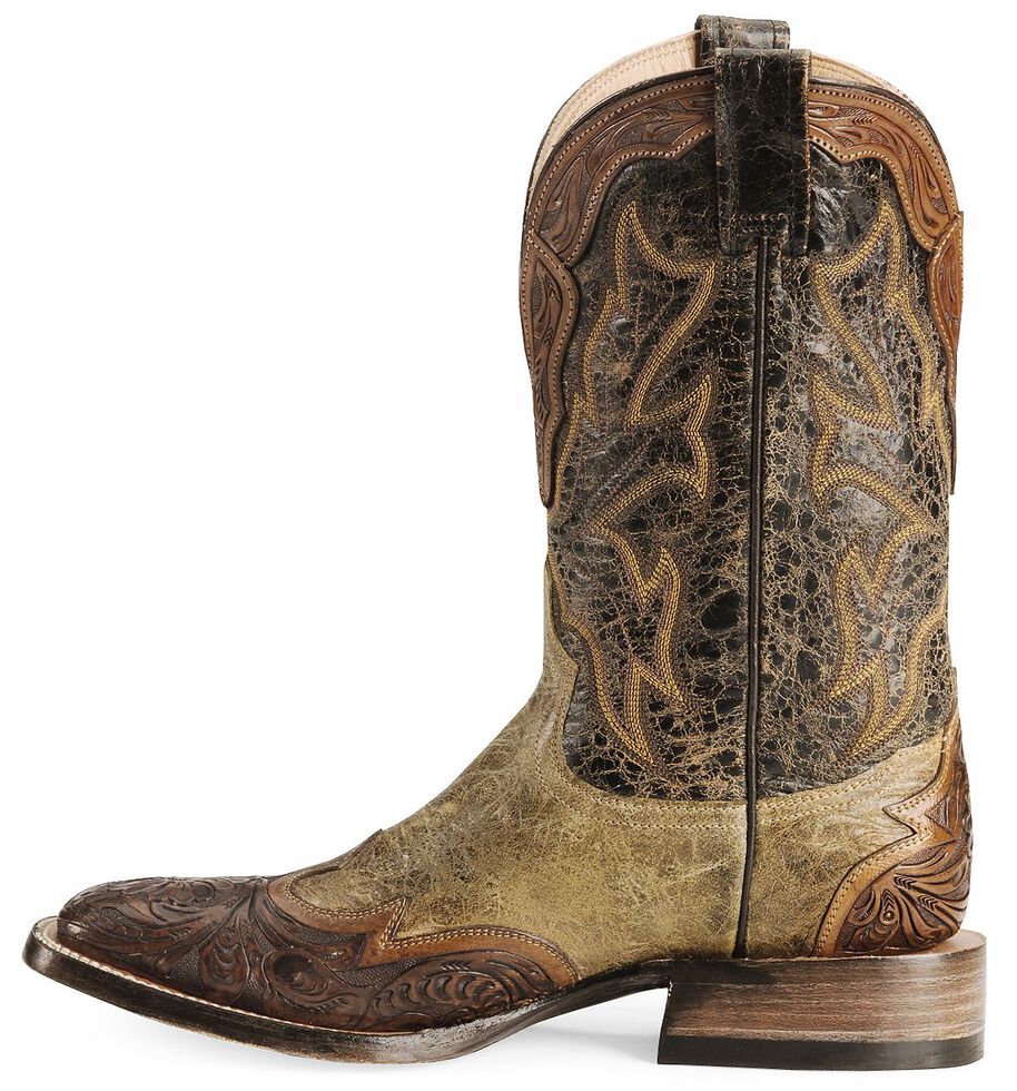 Stetson Men's Brown Tooled Wingtip Cowboy Boots Wide Square Toe