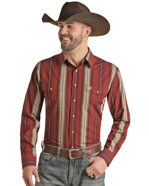 Image #1 - Panhandle Men's Select Serape Striped Long Sleeve Pearl Snap Western Shirt  - Big , Dark Red, hi-res