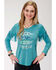 Image #1 - Roper Women's Solid Blue Feather Graphic Long Sleeve Top, Blue, hi-res