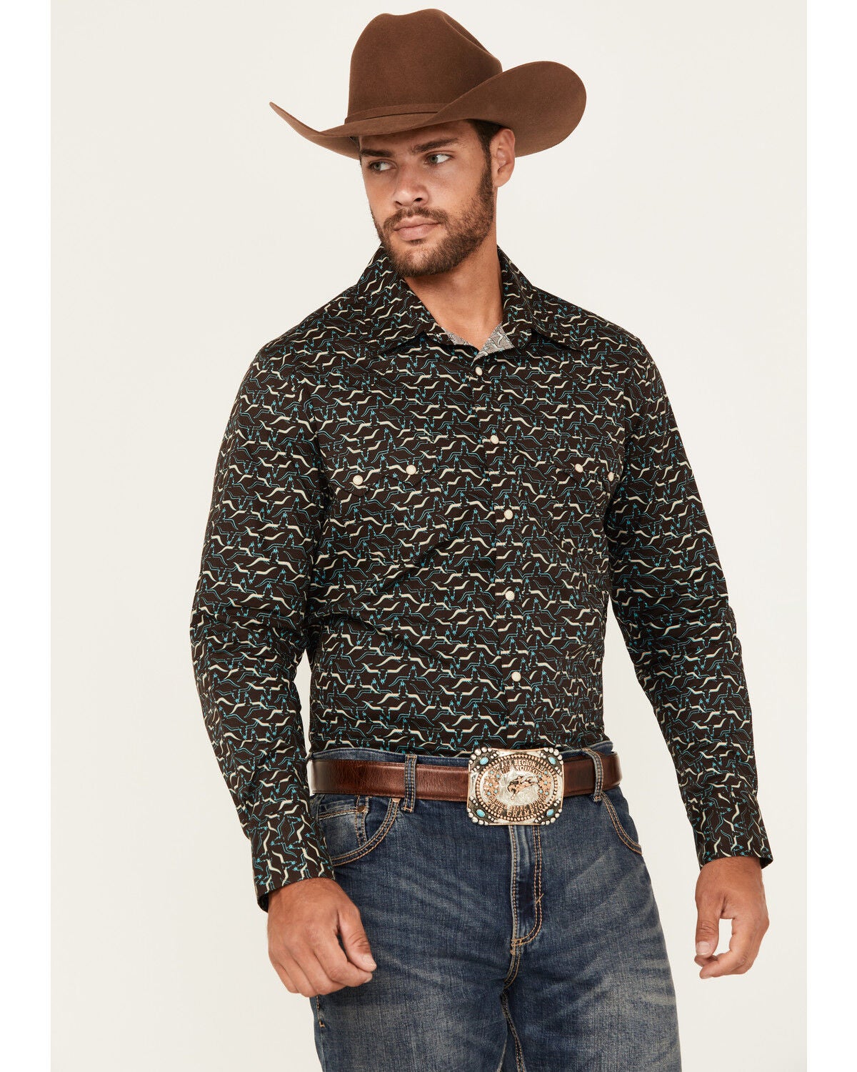 Rock & Roll Denim Men's Long Horn Print Long Sleeve Snap Stretch Western Shirt, Brown, hi-res