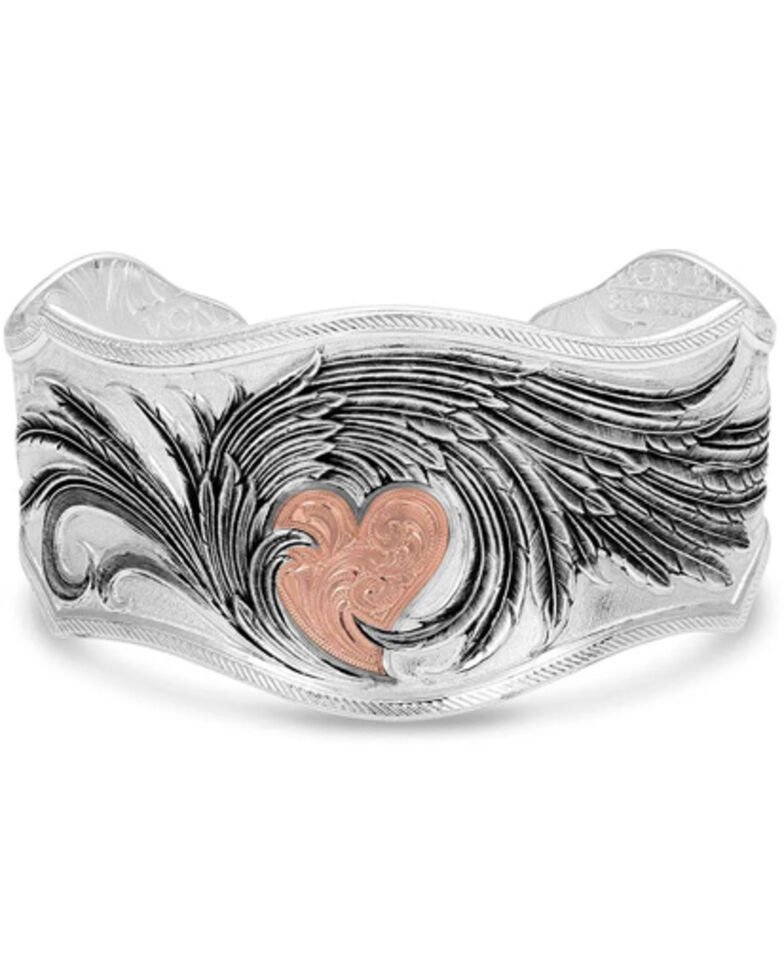 Montana Silversmiths Women's Rose Gold Heart Strings Feather Bracelet, Silver, hi-res