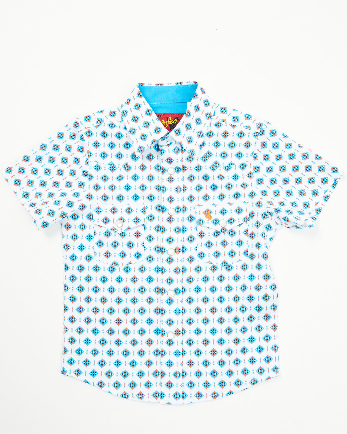 Image #1 - Rodeo Clothing Boys' Little Southwestern Print Short Sleeve Snap Stretch Western Shirt, White, hi-res