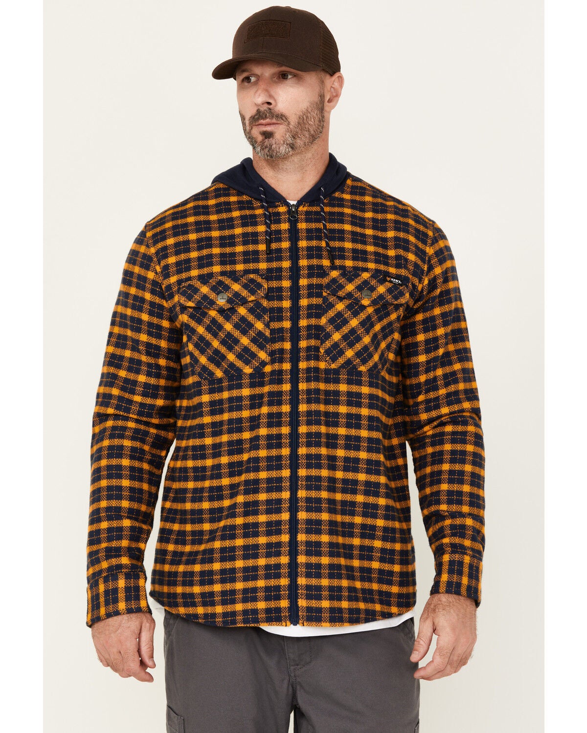 Hawx Men's Jacob Plaid Print Long Sleeve Hooded Flannel Shirt, Navy, hi-res