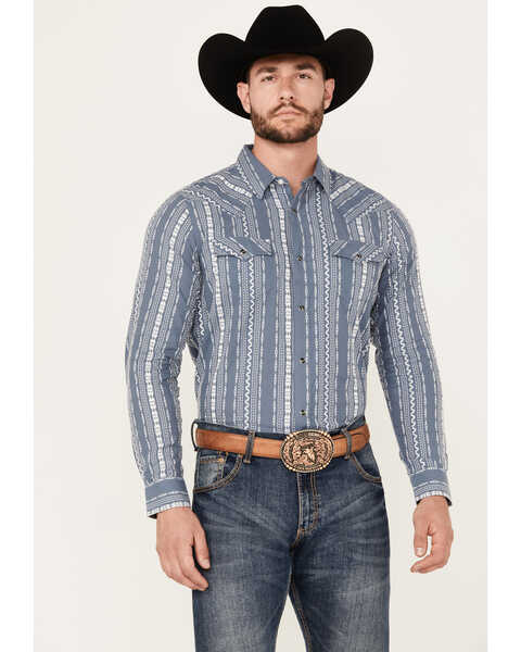 Image #1 - Cody James Men's War Hunt Southwestern Striped Print Long Sleeve Snap Western Shirt - Big, Blue, hi-res