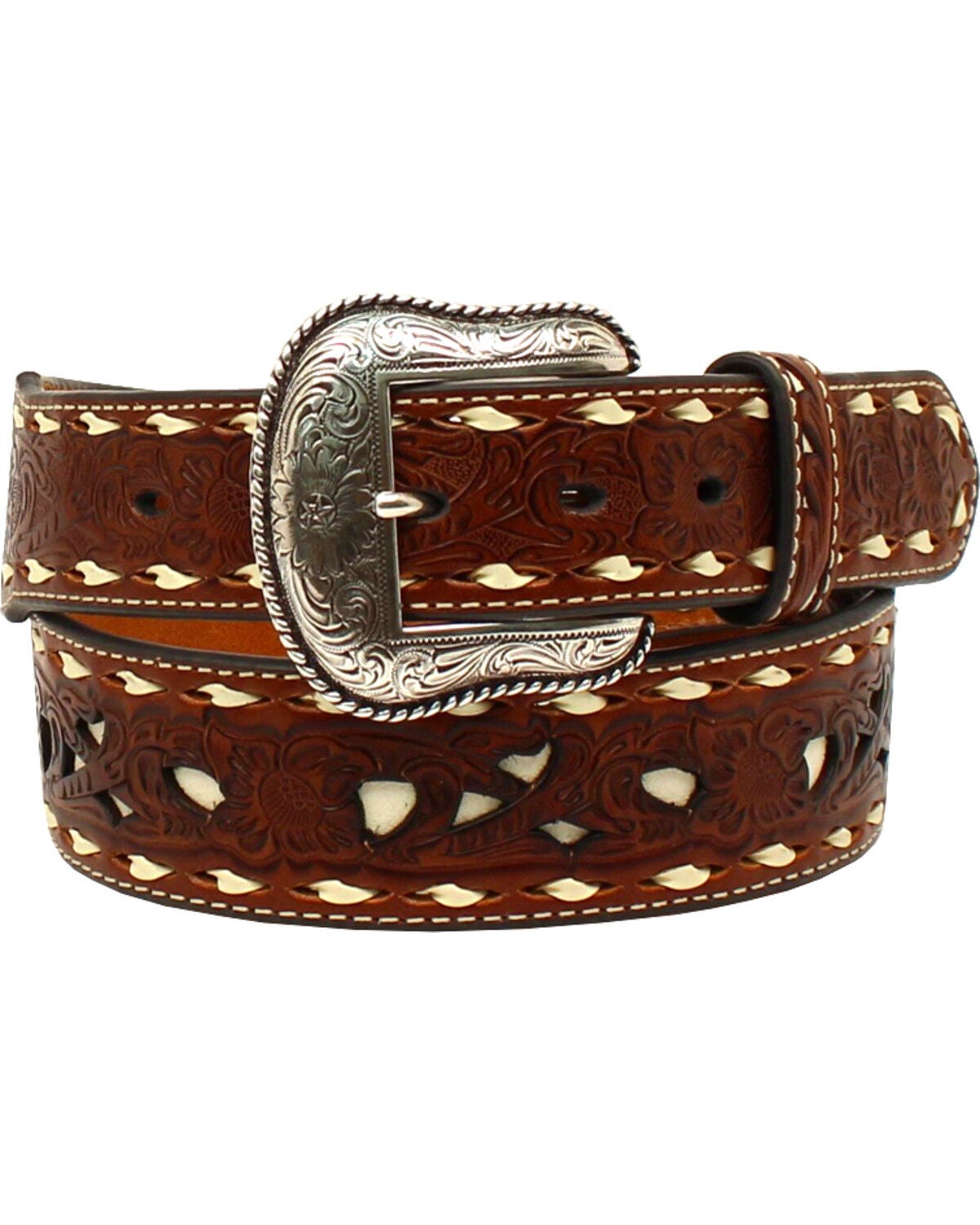 Nocona Men's Lacing Embossed Floral Contrast Western Belt, Tan, hi-res
