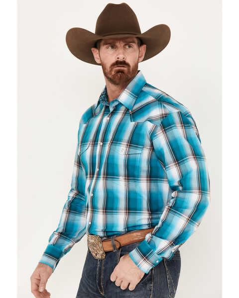 Image #2 - Roper Men's Amarillo Plaid Print Long Sleeve Western Pearl Snap Shirt, Bright Blue, hi-res