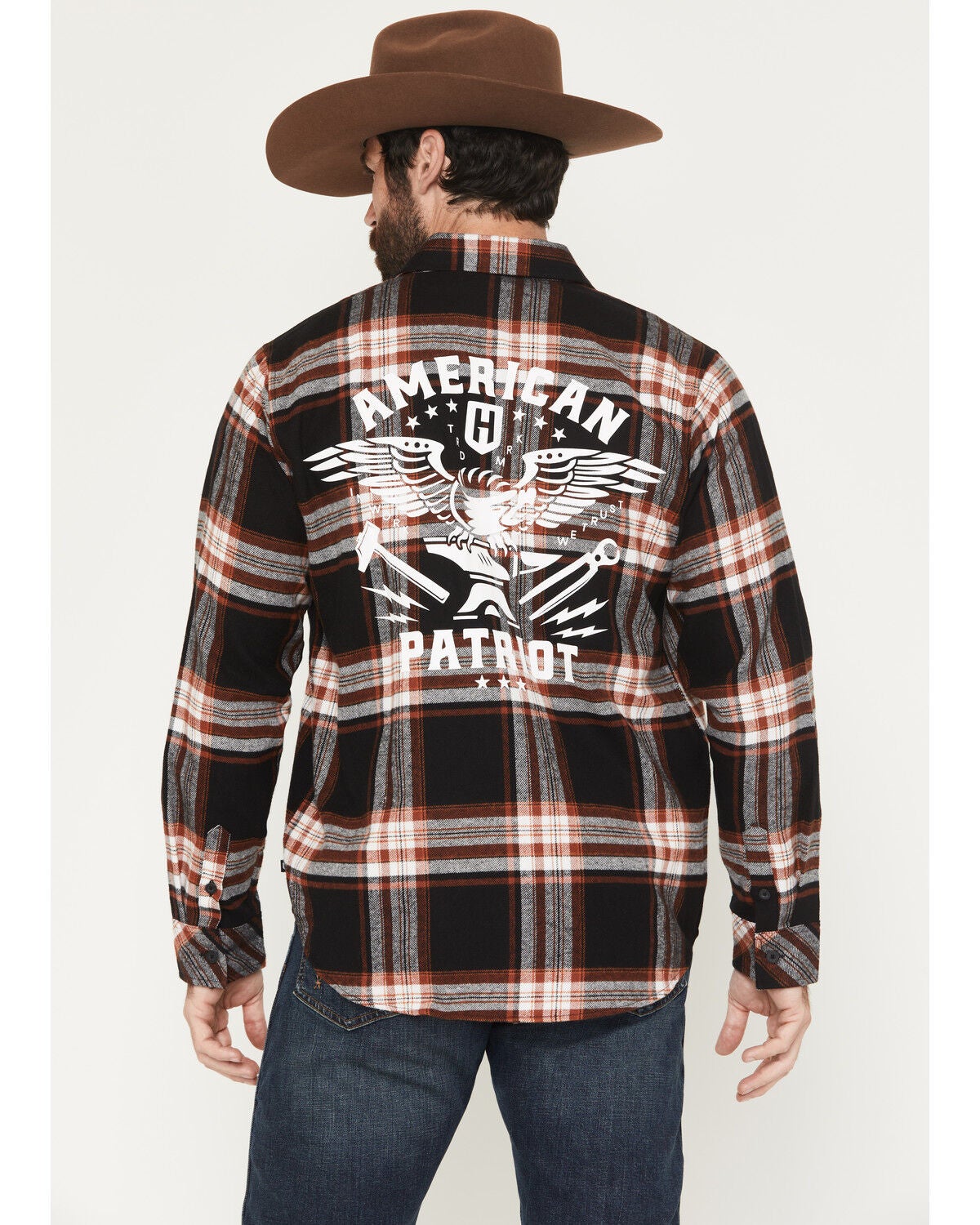Image #1 - Howitzer Men's Boot Barn Exclusive American Patriot Plaid Print Long Sleeve Button-Down Flannel Shirt, Black, hi-res