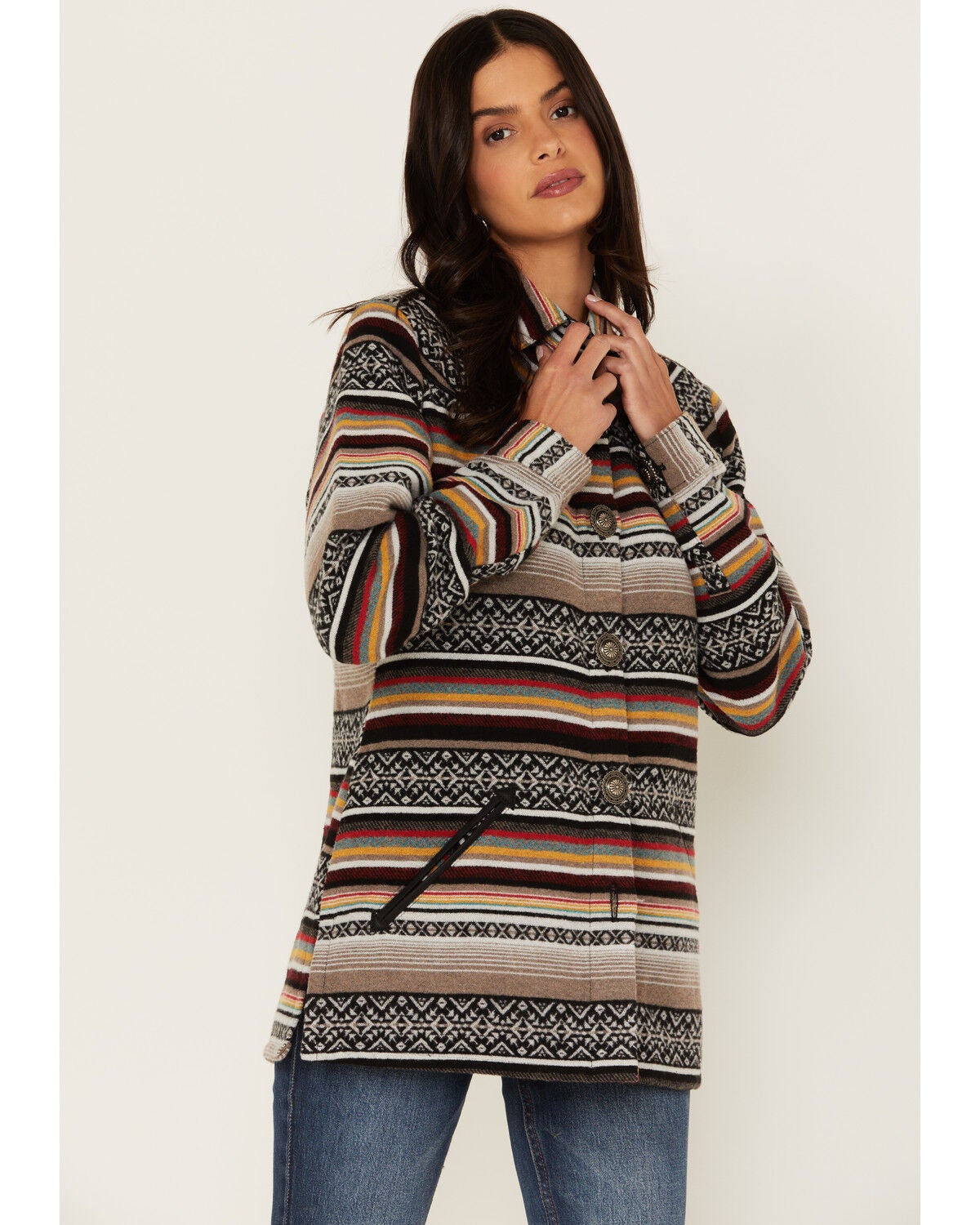 Cruel Girl Women's Serape Stripe Western Button-Down Shacket, Black, hi-res