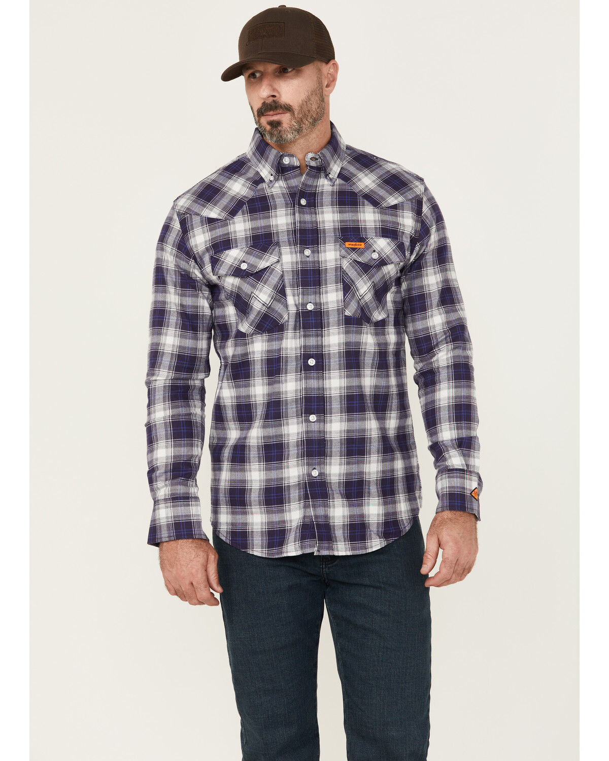 Image #1 - Wrangler Men's FR Plaid Print Long Sleeve Button-Down Work Shirt, Navy, hi-res