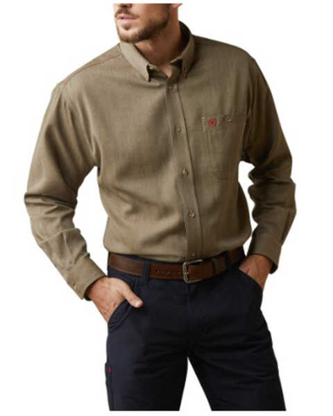 Image #1 - Ariat Men's FR Air Inherent Long Sleeve Button Down Work Shirt - Big & Tall, Tan, hi-res