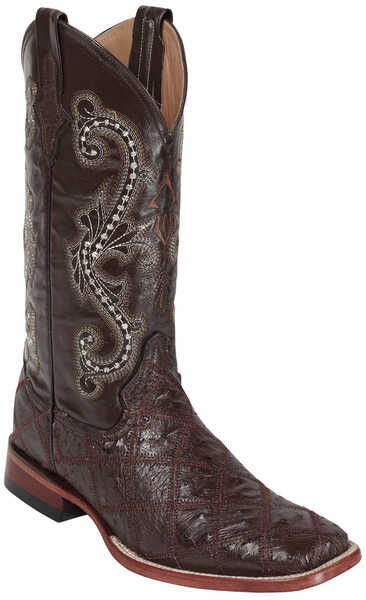 Ferrini Men's Ostrich Patchwork Exotic Western Boots - Wide Square Toe , Chocolate, hi-res