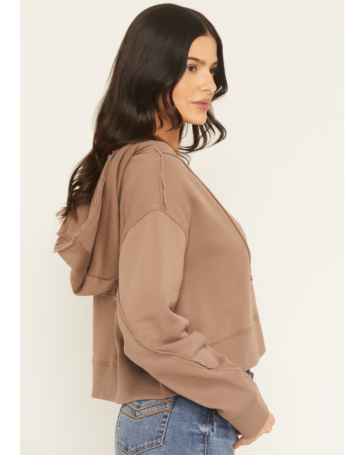 Image #2 - Cleo + Wolf Women's Solid Grommet Cropped Hoodie, Taupe, hi-res