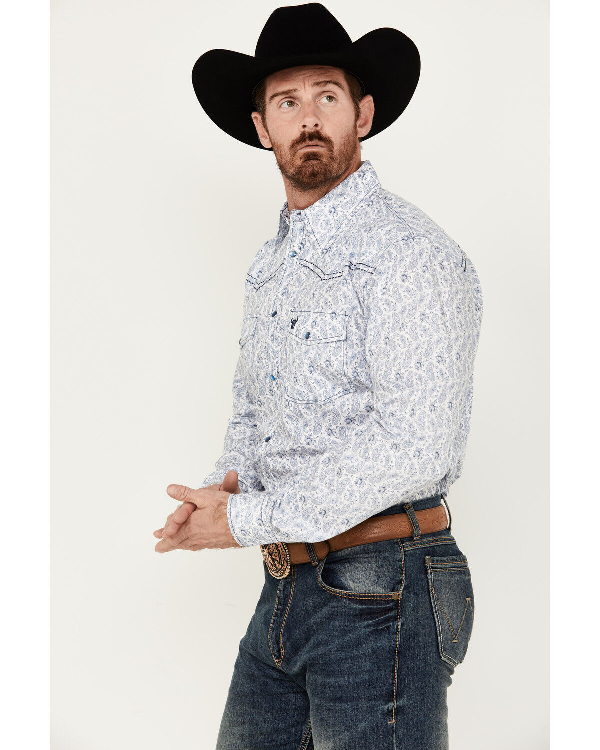 Image #2 - Cowboy Hardware Men's Tonal Paisley Print Long Sleeve Pearl Snap Western Shirt, White, hi-res