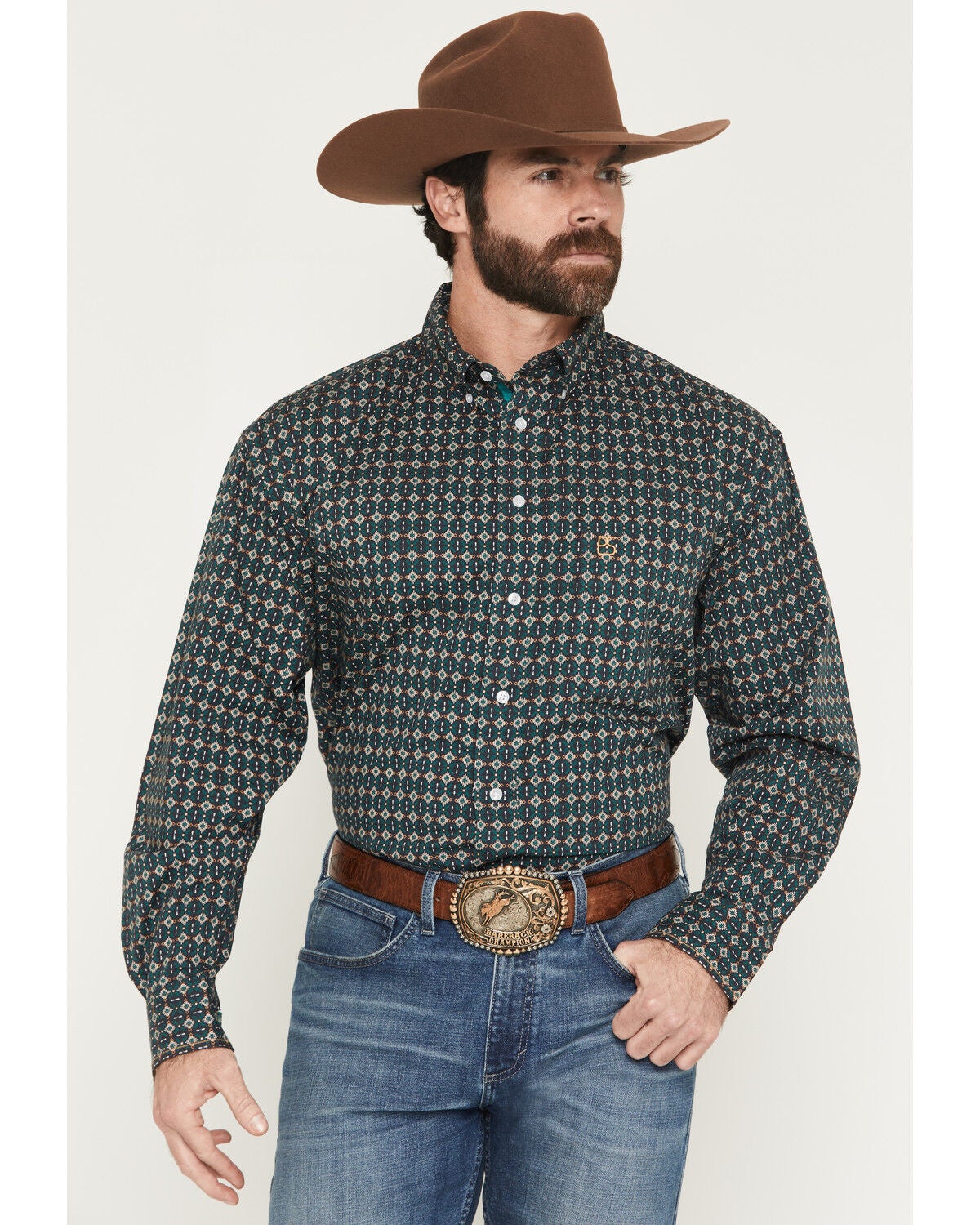 Image #1 - Rough Stock by Panhandle Men's Geo Print Long Sleeve Button-Down Stretch Western Shirt, Black, hi-res