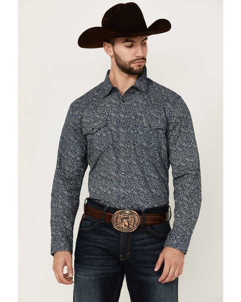Cody James Men's Grande Floral Print Long Sleeve Pearl Snap Western Shirt , Navy, hi-res
