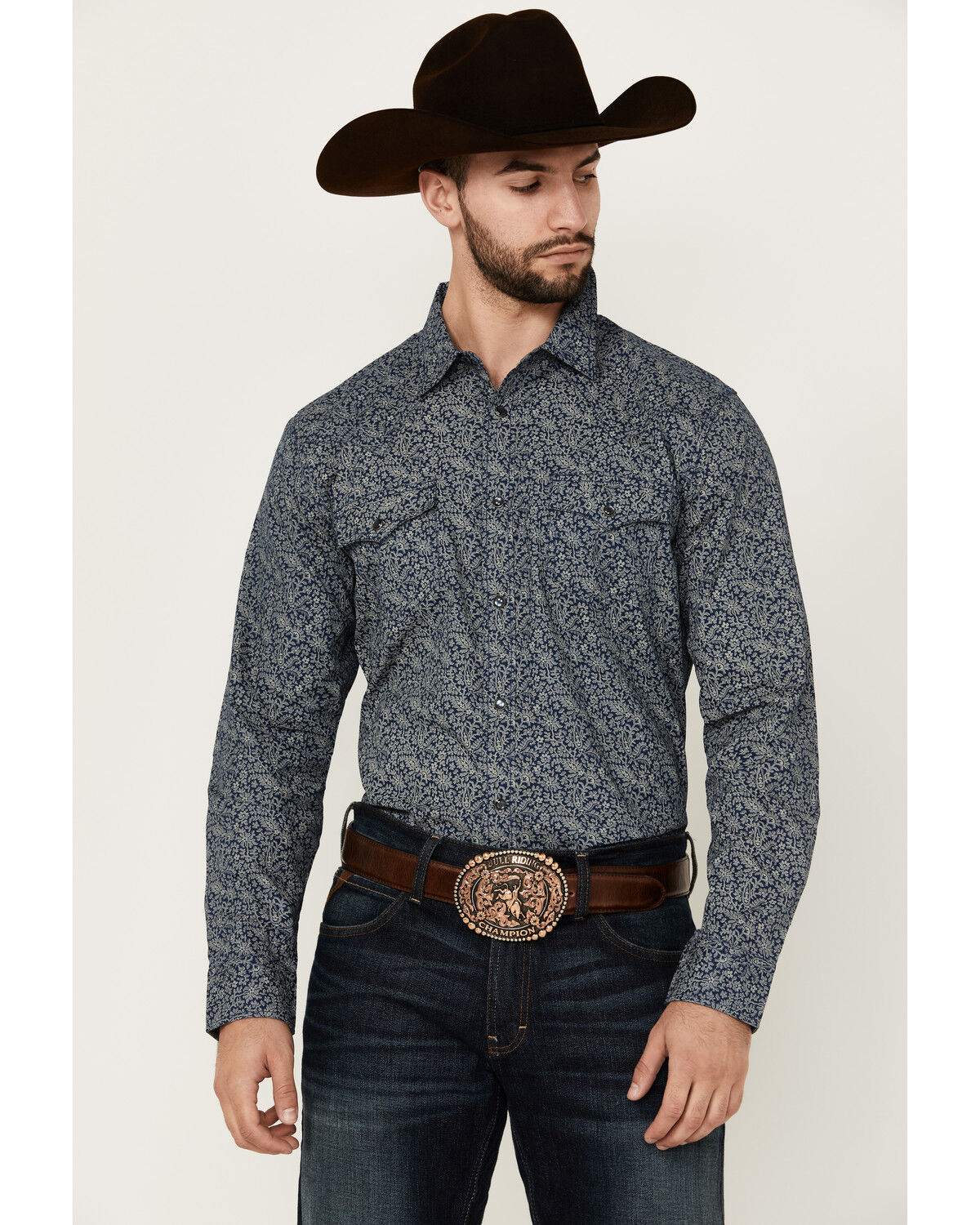Image #1 - Cody James Men's Grande Floral Print Long Sleeve Pearl Snap Western Shirt, Navy, hi-res