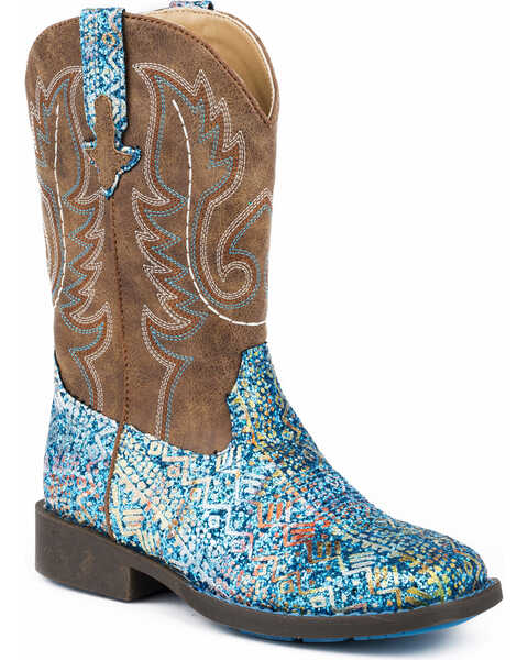 Image #1 - Roper Girls' Glitter Southwestern Western Boots - Square Toe, Blue, hi-res