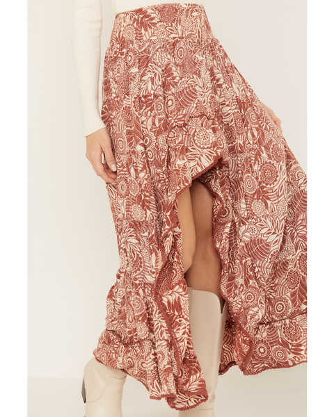 Image #2 - Angie Women's High Low Floral Print Maxi Skirt, Rust Copper, hi-res