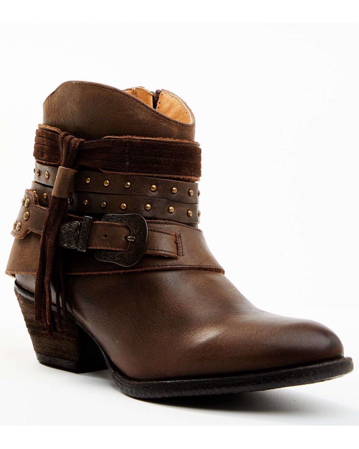 Shyanne Women's Sevilla Buckle Fringe Western Booties - Round Toe, Brown, hi-res
