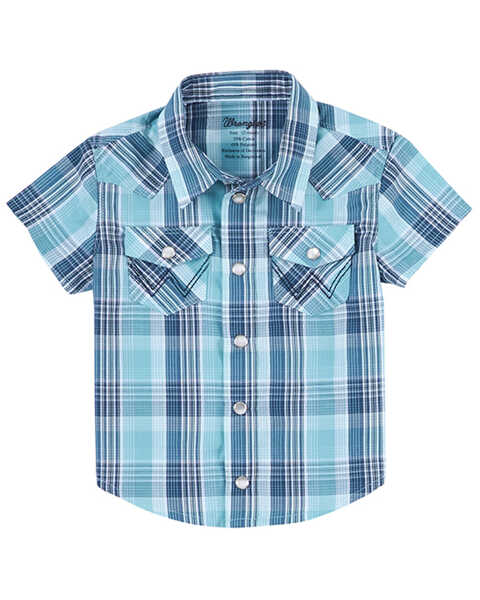 Wrangler Boys' Plaid Print Short Sleeve Western Woven Snap Shirt - Infant & Toddler, Teal, hi-res