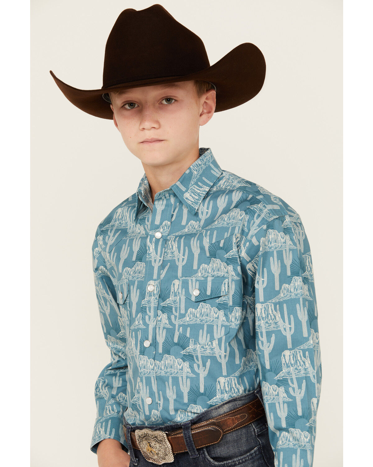 Image #2 - Rock & Roll Denim Boys' Cactus Print Long Sleeve Pearl Snap Stretch Western Shirt, Turquoise, hi-res
