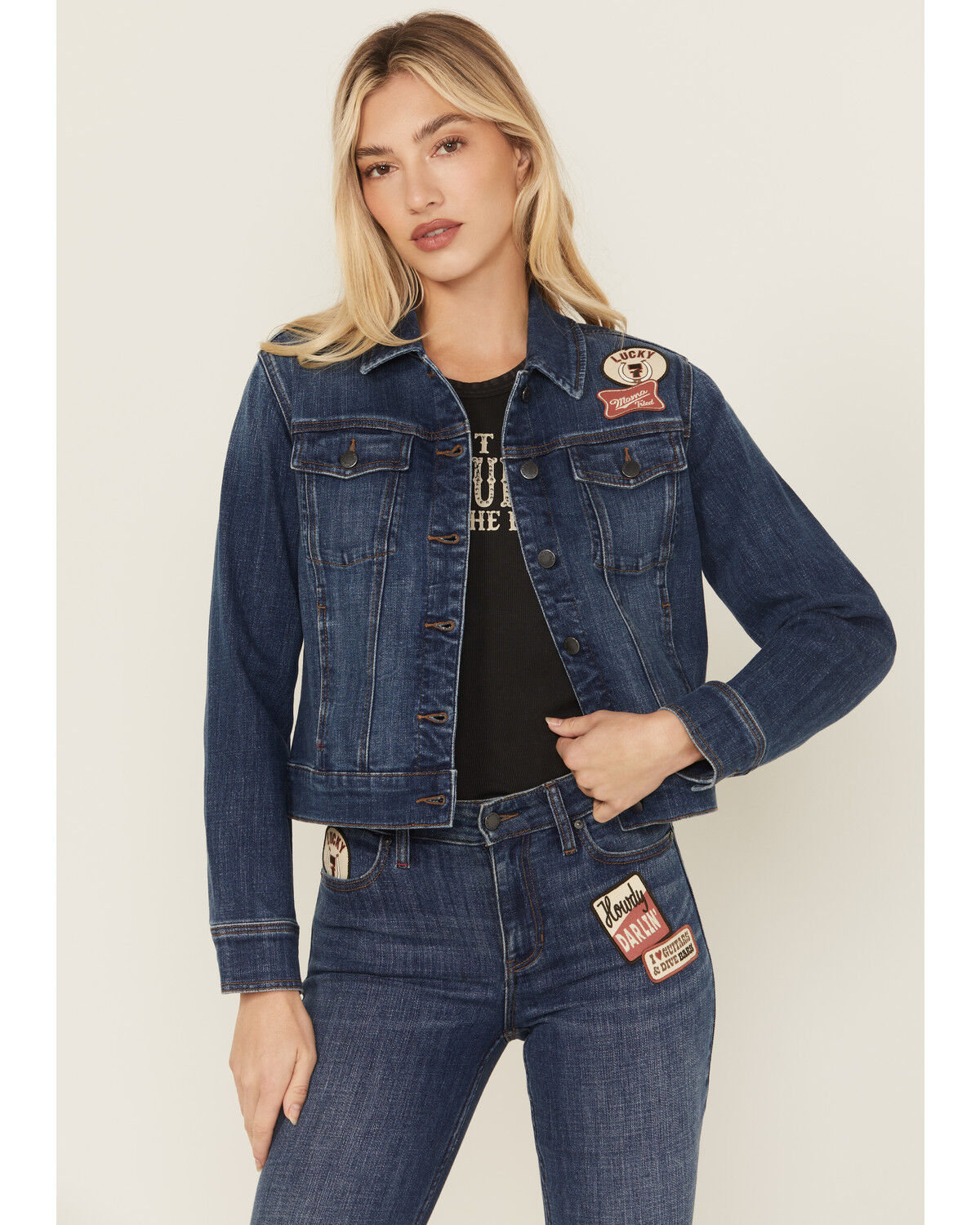 Image #1 - Idyllwind Women's Ellwood Patch Denim Trucker Jacket, Dark Wash, hi-res