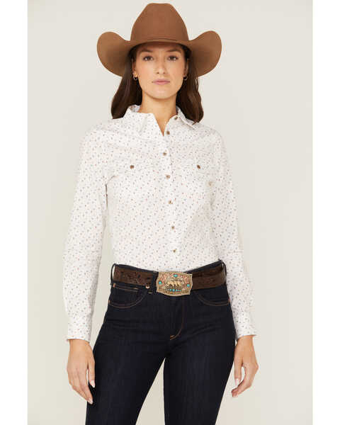 RANK 45® Women's Western Cactus Conversation Print Long Sleeve Button-Down Western Riding Shirt, Ivory, hi-res