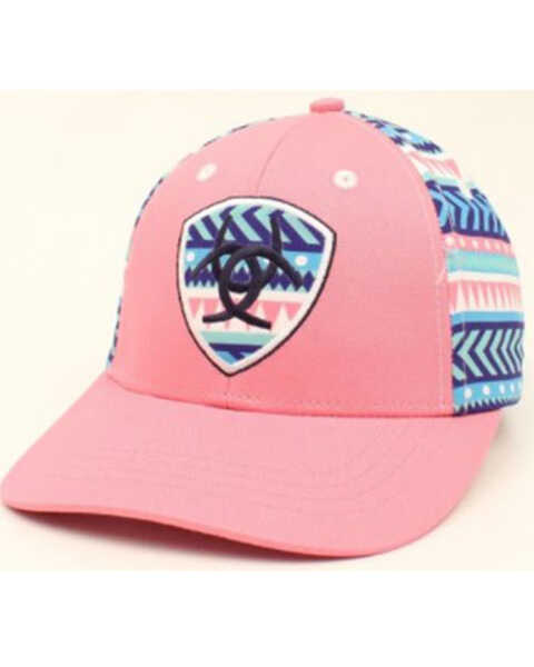 Image #1 - Ariat Girls' Pink Southwestern Stripe Logo Ball Cap , Pink, hi-res