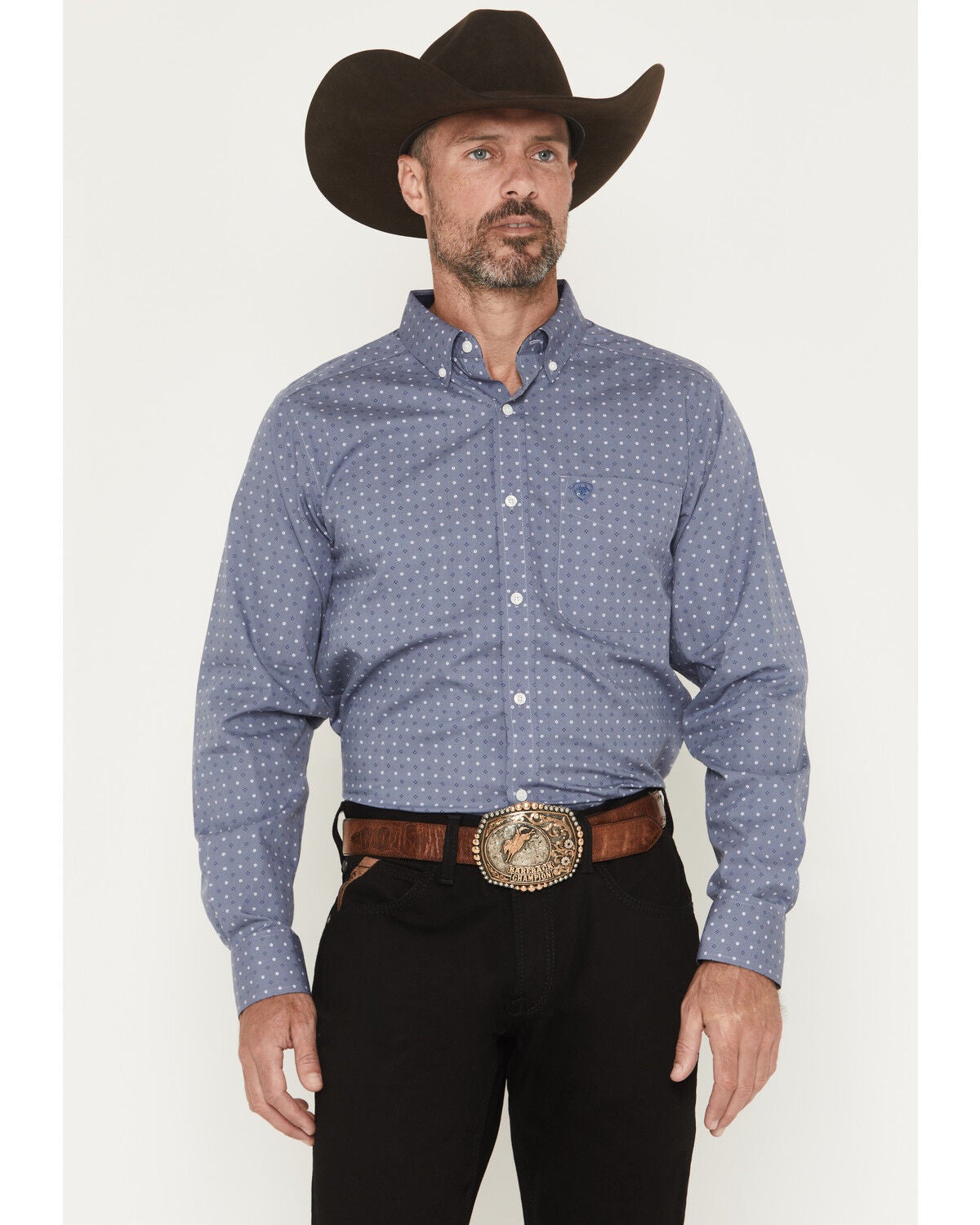 Image #1 - Ariat Men's Wrinkle Free Blaine Geo Print Fitted Long Sleeve Button-Down Western Shirt, Grey, hi-res