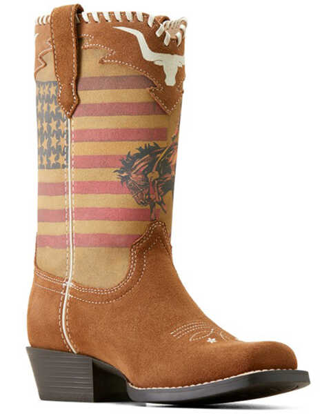Image #1 - Ariat X Rodeo Quincy Girls' American Cowboy Futurity Western Boots - Broad Square Toe , Brown, hi-res
