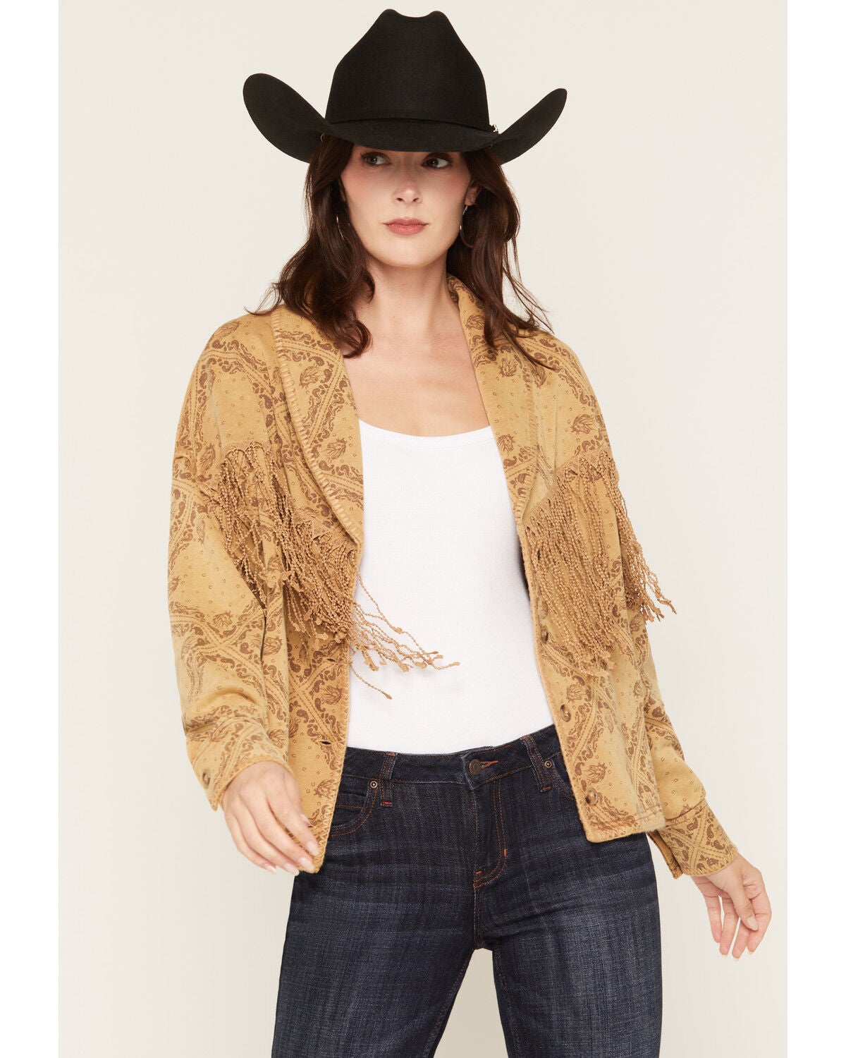Miss Me Women's Fringe Button Front Short Cardigan, Camel, hi-res