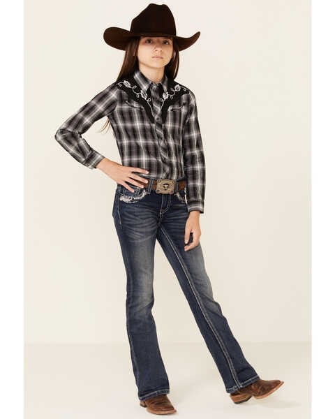Roper Girls' Plaid Print Fancy Applique Yoke Long Sleeve Snap Western Shirt , Black, hi-res