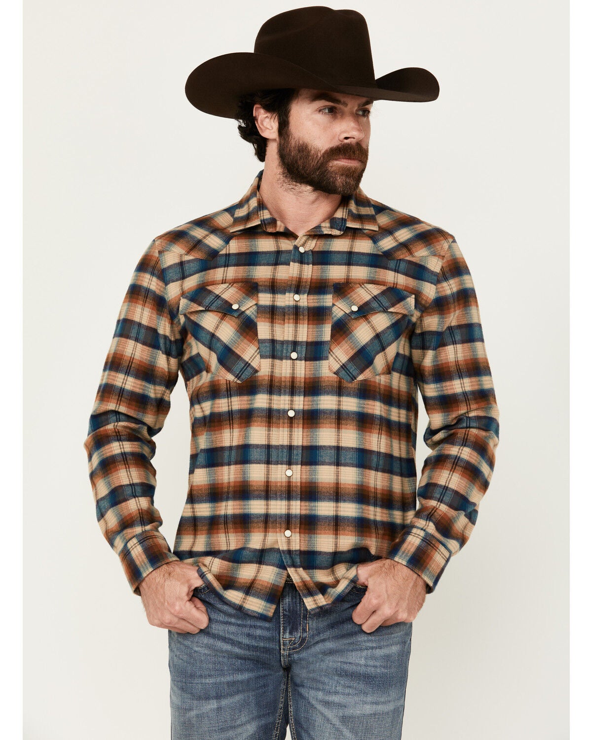 Pendleton Men's Wyatt Plaid Print Long Sleeve Snap Western Shirt, Tan, hi-res