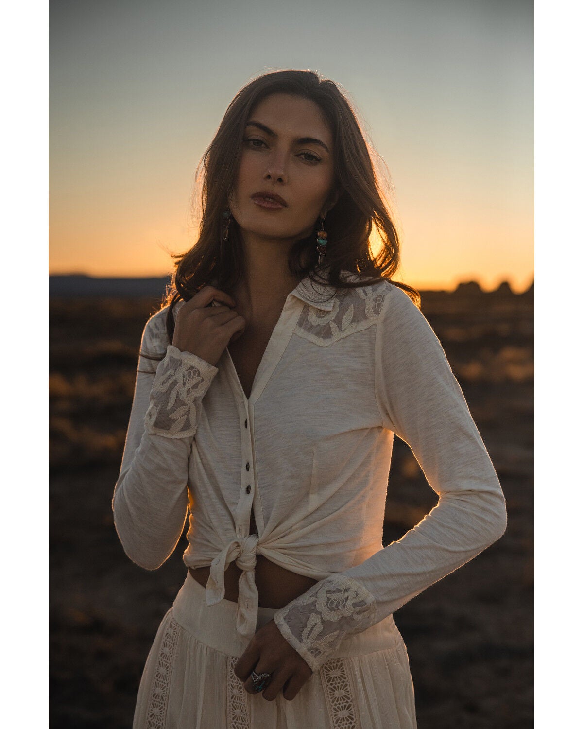 Image #1 - Shyanne Women's Solid Lace Wester Yoke Long Sleeve Button-Down Shirt, Cream, hi-res