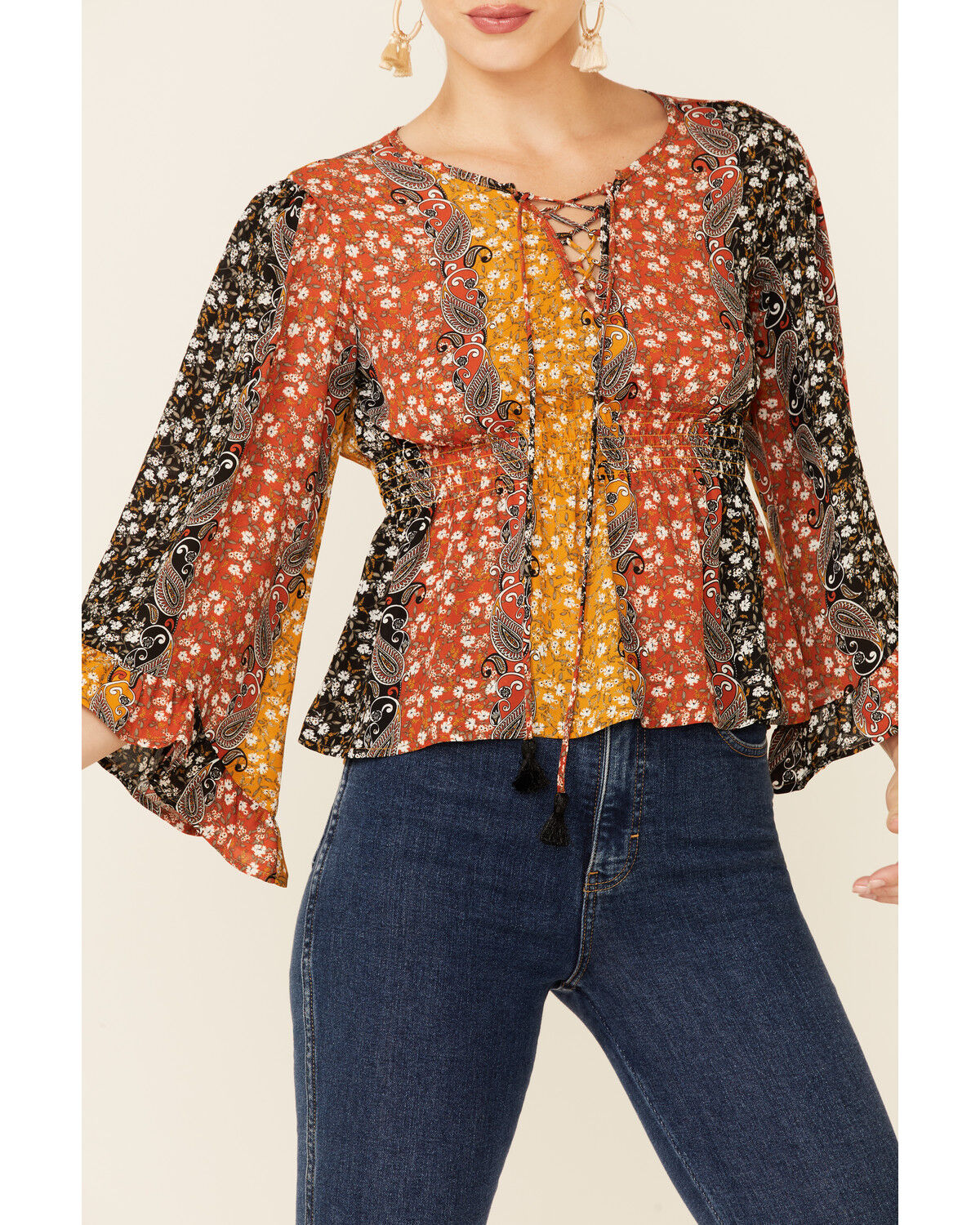 Image #3 - Shyanne Women's Boho Floral Stripe Bell Sleeve Top, Black, hi-res