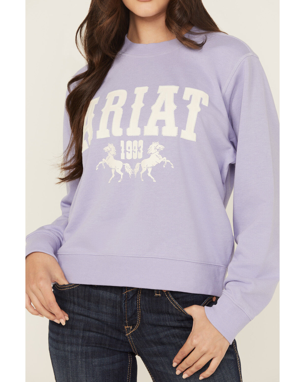 Image #3 - Ariat Women's Boot Barn Exclusive Horse Logo Crewneck, Lavender, hi-res