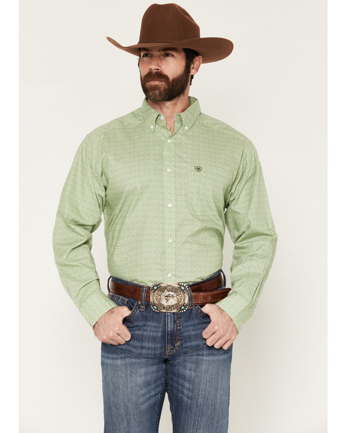 Image #1 - Ariat Men's Smitty Abstract Print Long Sleeve Button-Down Western Shirt, Green, hi-res