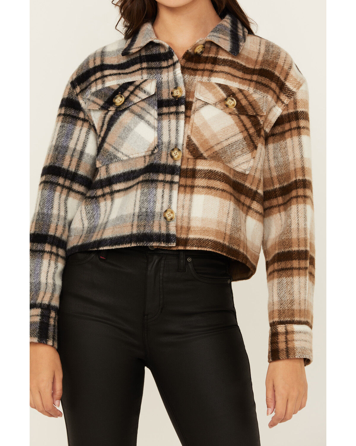 Image #3 - Cleo + Wolf Women's Clara Color Block Plaid Print Button-Down Shacket, Caramel, hi-res