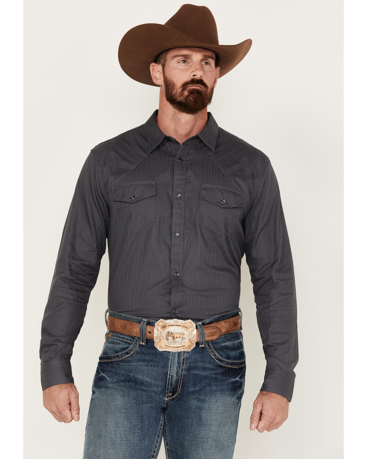 Gibson Trading Co Men's Southside Satin Stripe Snap Western Shirt, Dark Grey, hi-res