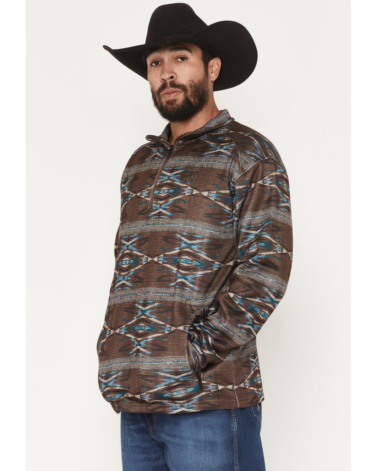 Image #2 - Ariat Men's Caldwell Southwestern Print 1/4 Zip Pullover Sweater, Dark Red, hi-res