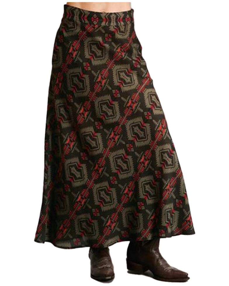 Stetson Women's Brown Rayon Challis Blanket Print Long Cut Skirt , Brown, hi-res