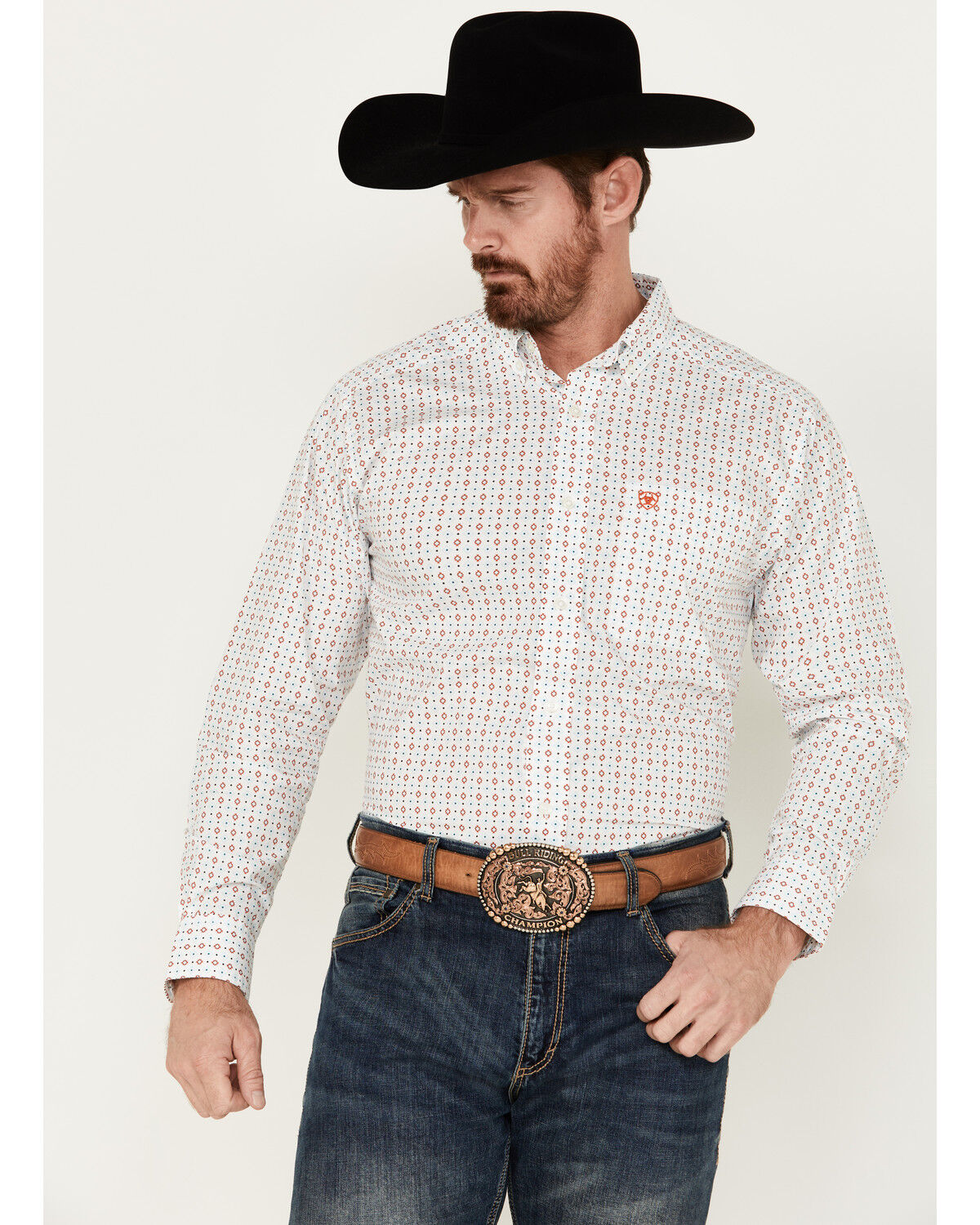 Image #1 - Ariat Men's Kade Geo Print Long Sleeve Button-Down Western Shirt, White, hi-res