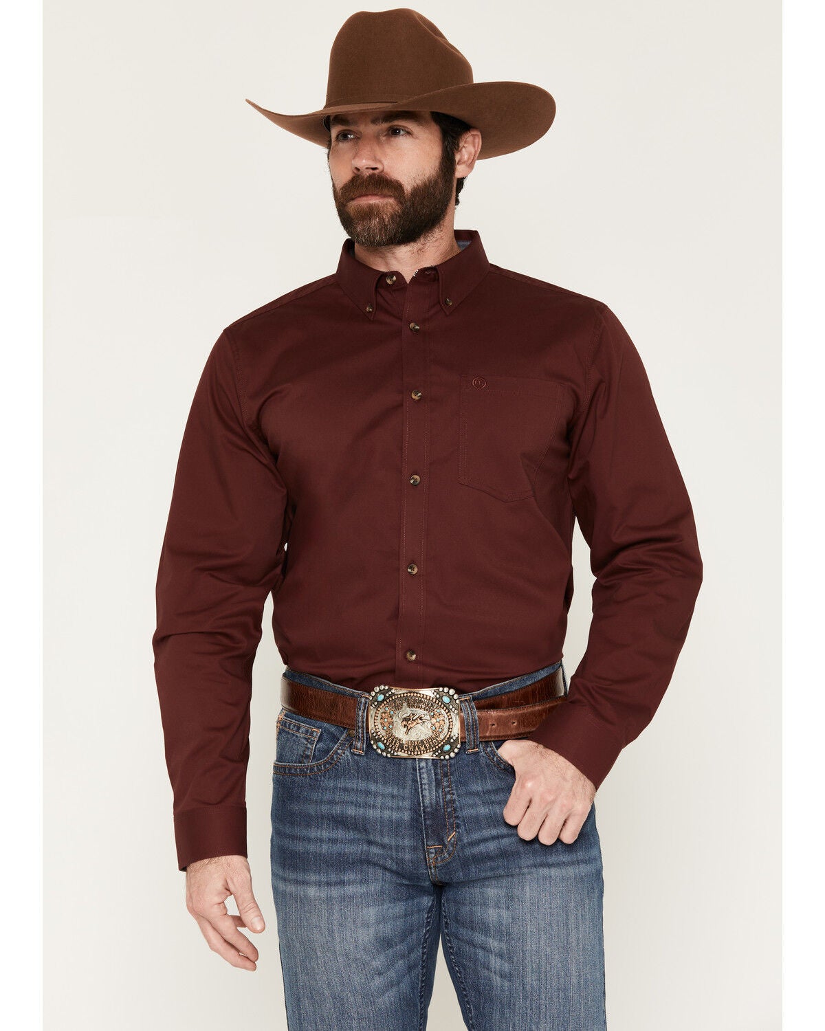 Cody James Men's Basic Solid Long Sleeve Button-Down Stretch Western Shirt, Wine, hi-res