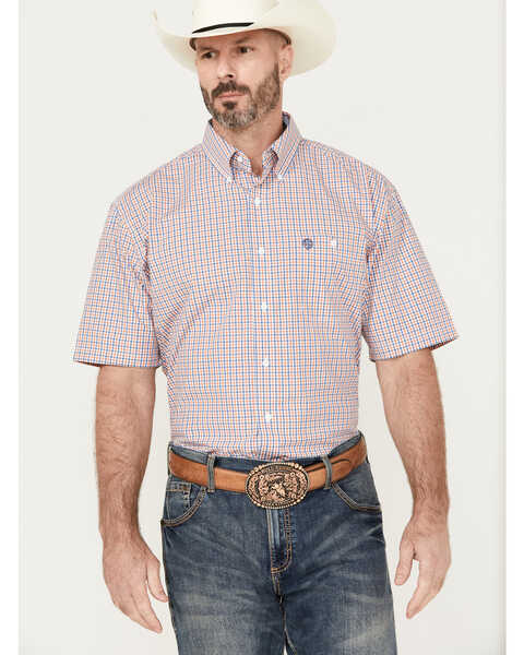 George Strait by Wrangler Men's Plaid Print Short Sleeve Button-Down Western Shirt, Blue, hi-res