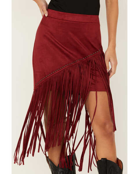 Image #2 - Idyllwind Women's Shiloh Faux Suede Asymmetrical Fringe Skirt , Dark Red, hi-res