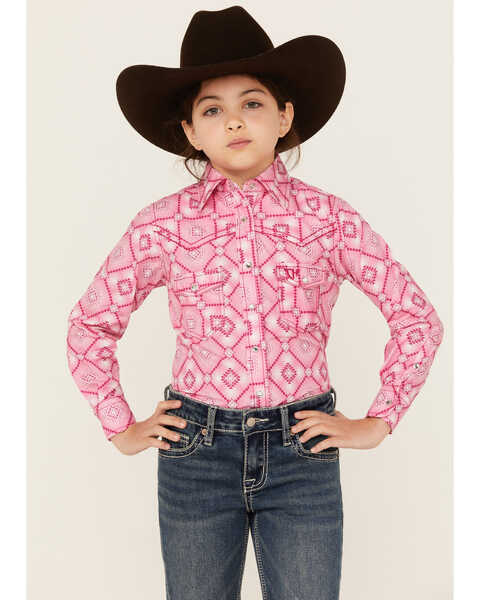 Cowgirl Hardware Girls' Diamond Southwestern Print Long Sleeve Snap Western Shirt , Pink, hi-res