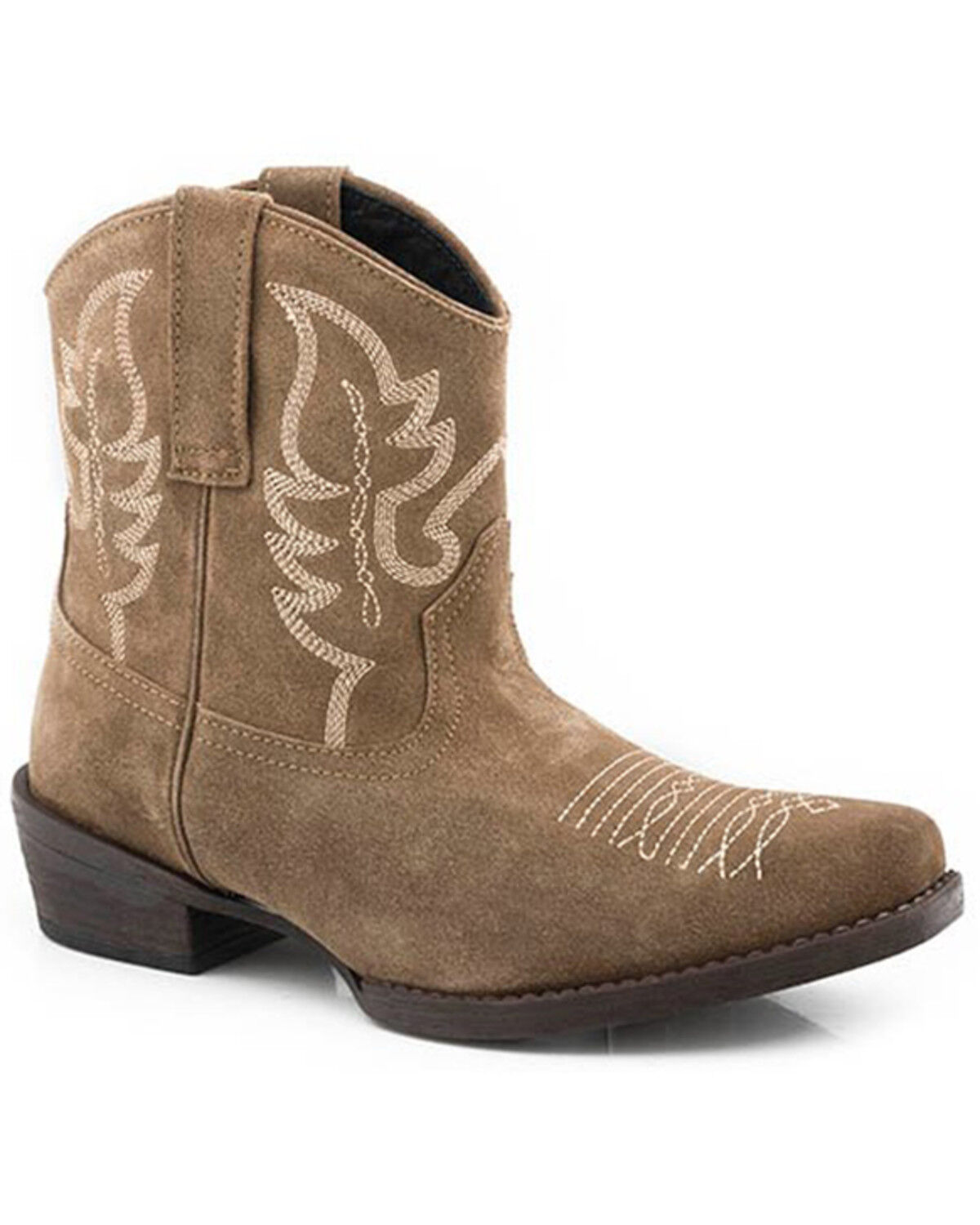 Image #1 - Roper Women's Dusty II Cow Suede Western Booties - Snip Toe, Tan, hi-res